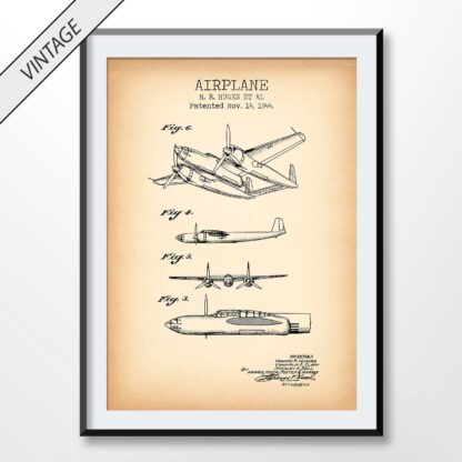 Vintage print, showing Howard Hughes first airplane patent drawing