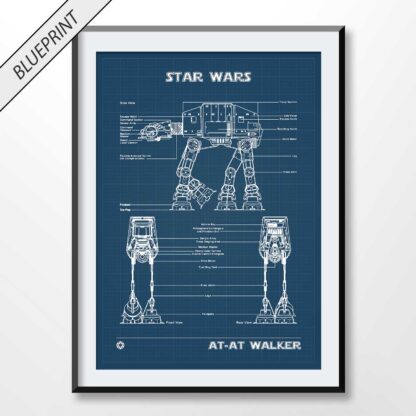 Art poster showing blueprints of At-At Walker from Star Wars movies.